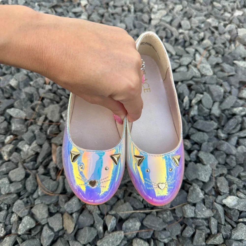 The Childrens Place Girls Iridescent Cat Ballet Flats Holographic Size 11